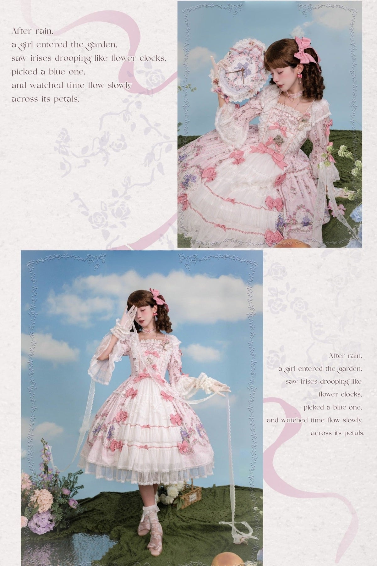 Iris Clock Floral‑Wall Front‑Opening Lolita Hime‑Sleeve Dress - LolitaEra