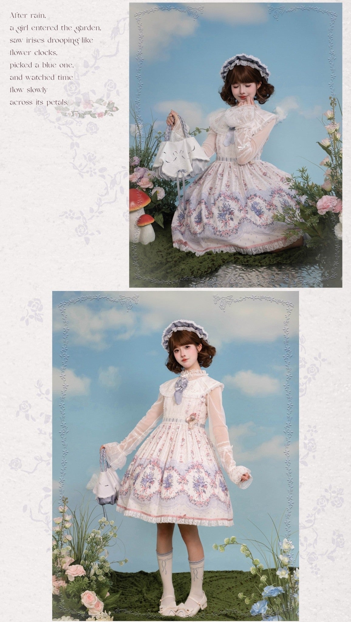 Iris Clock Lolita Flutter Sleeves Printed OP & Cut‑Work Embroidered Lapel JSK - LolitaEra