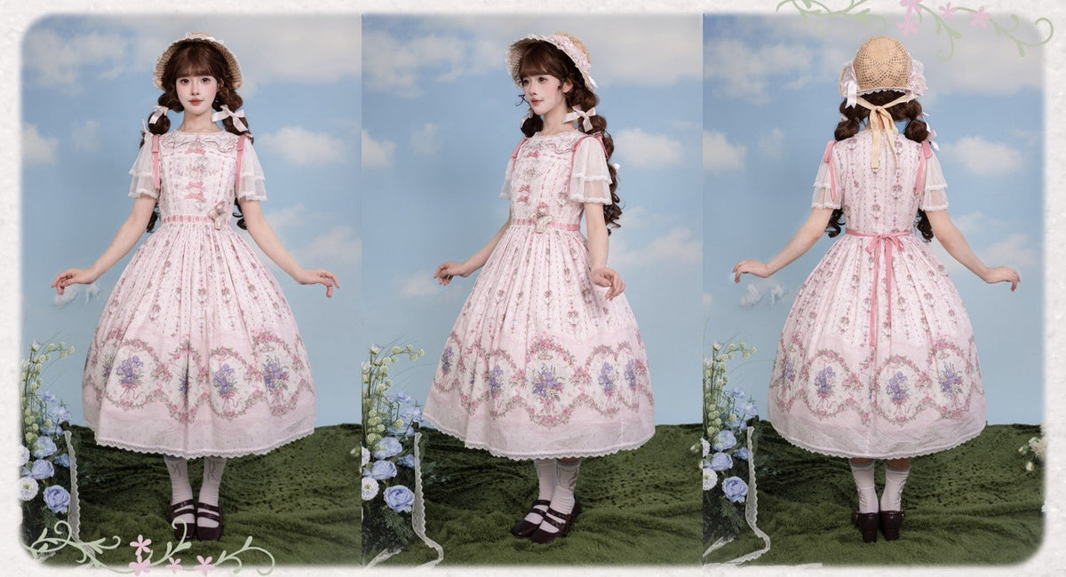 Iris Clock Lolita Flutter Sleeves Printed OP & Cut‑Work Embroidered Lapel JSK - LolitaEra