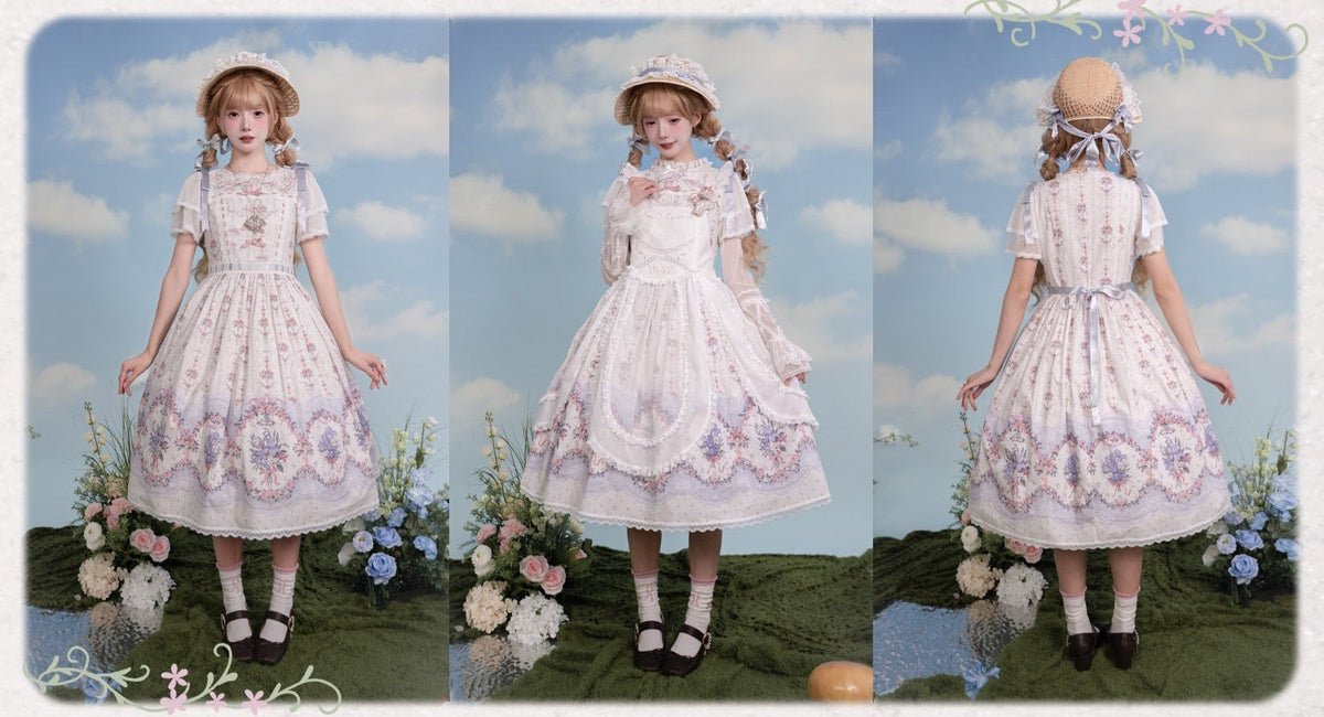 Iris Clock Lolita Flutter Sleeves Printed OP & Cut‑Work Embroidered Lapel JSK - LolitaEra