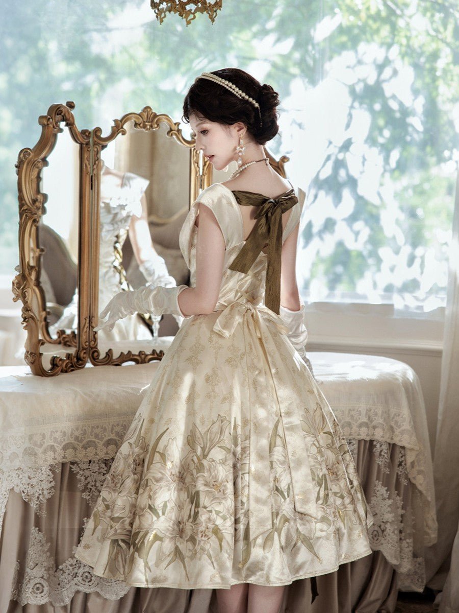 Ivory Gold Lily Print Elegant Classic Lolita Dress - LolitaEra