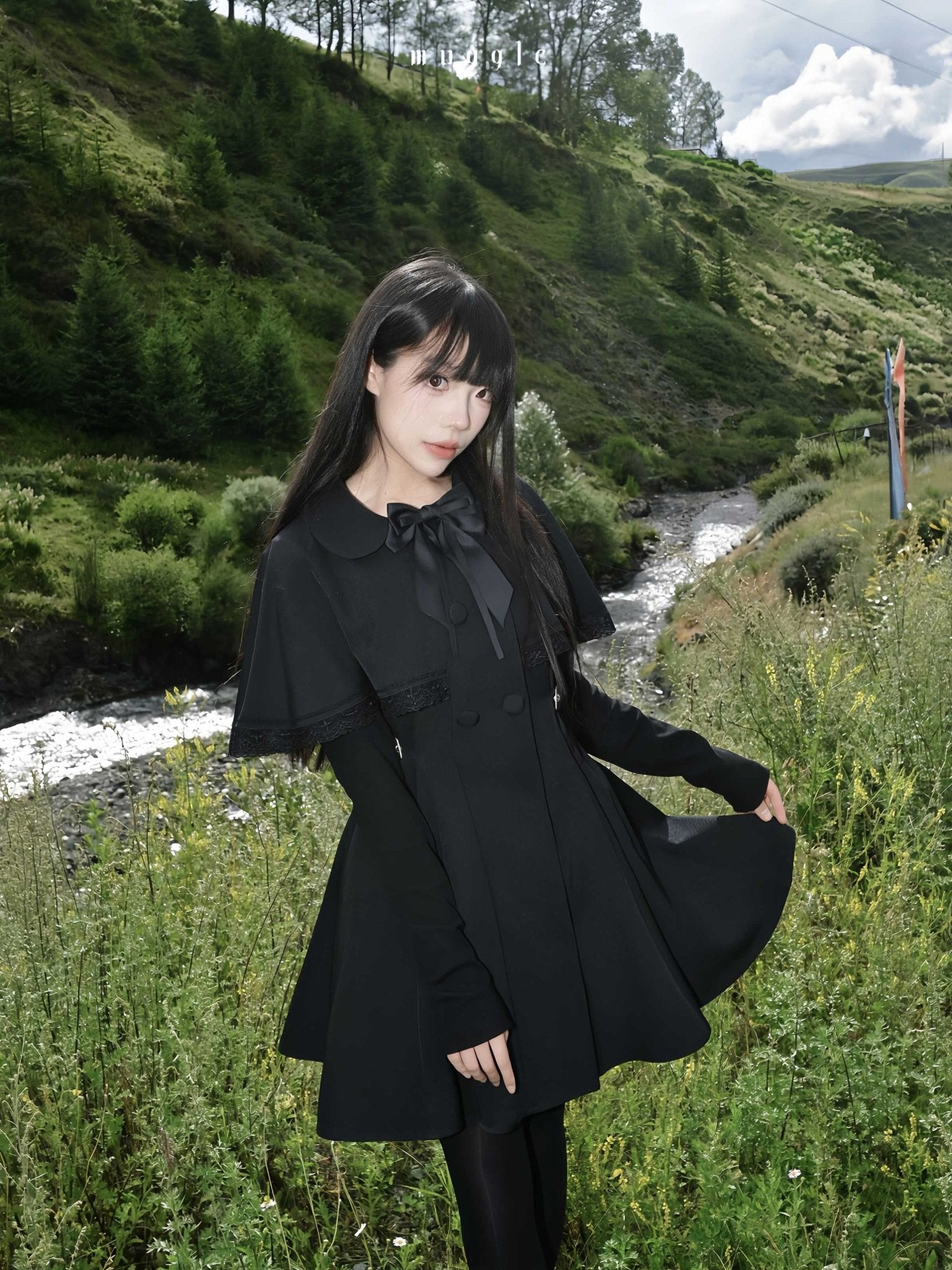 J - Fashion Ryōsangata Vintage Lace Cloak Dress - LolitaEraBlack SetSJ - Fashion Ryōsangata Vintage Lace Cloak Dress