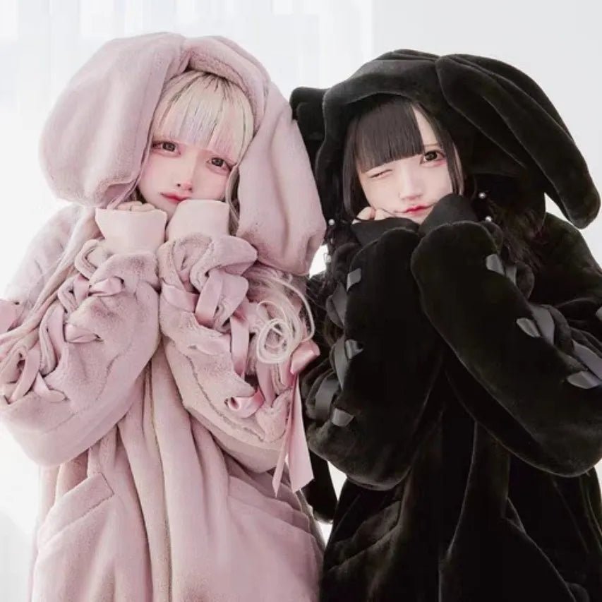 J-Style Pink & Black Cute Rabbit Ear Fluffy Coat - LolitaEra