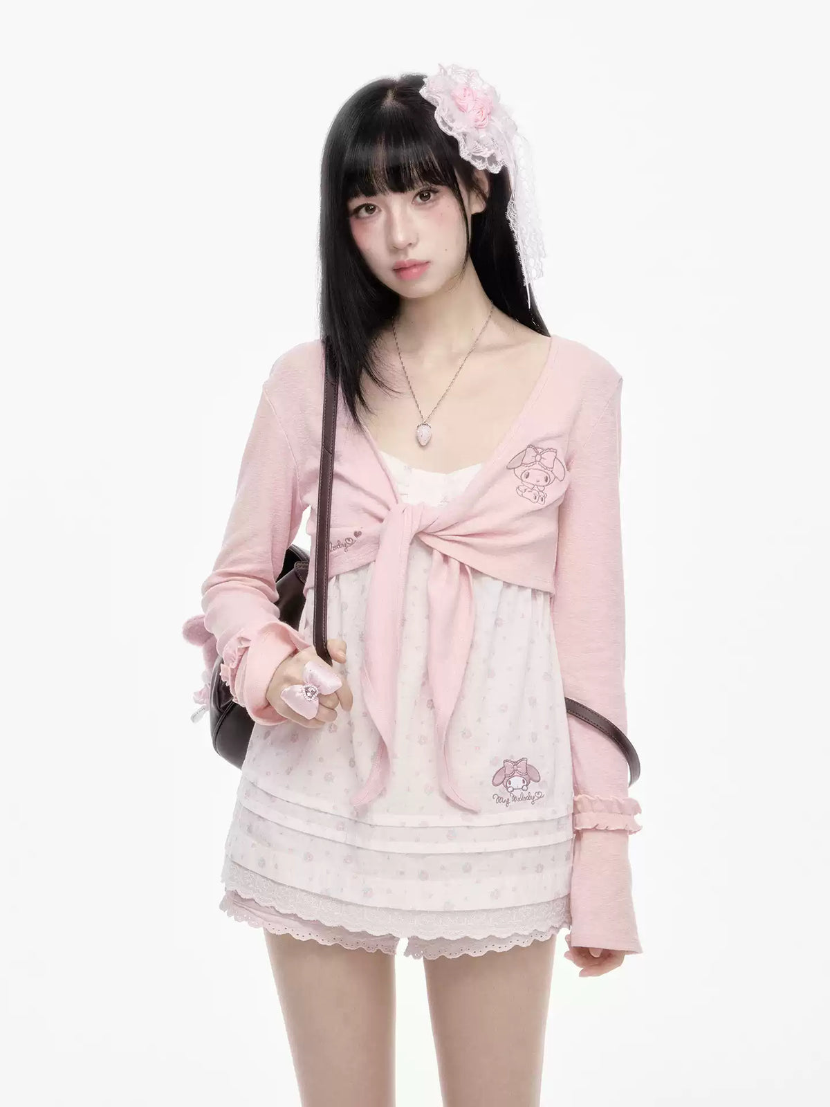 Japanese Style Gentle Knitted Cardigan Pink Floral Cami Dress Set for Women