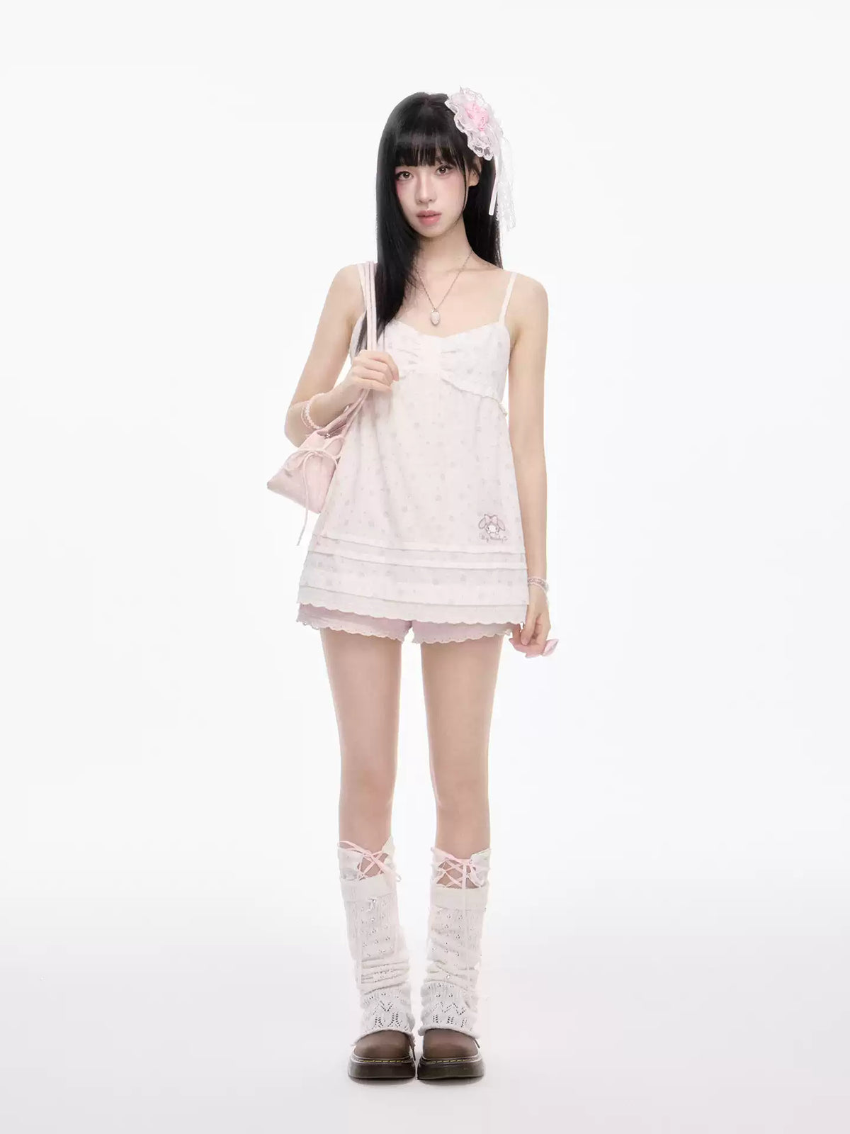 Japanese Style Gentle Knitted Cardigan Pink Floral Cami Dress Set for Women