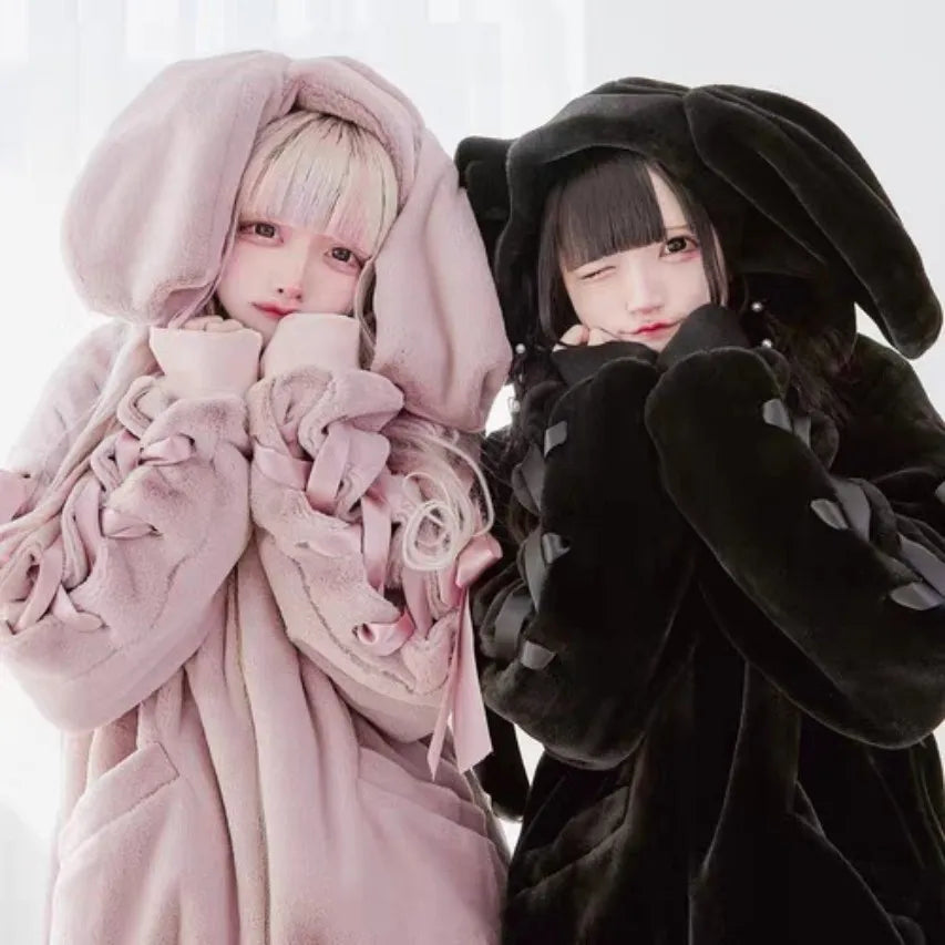 Japanese-Style Soft Girl Cute Bunny Ear Plush Coat Autumn and Winter Thickened Warm College Style Y2K Mass-Produced Lace Dress