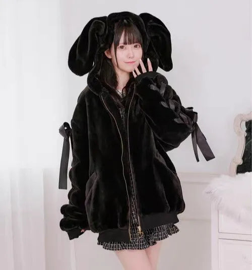 Japanese-Style Soft Girl Cute Bunny Ear Plush Coat Autumn and Winter Thickened Warm College Style Y2K Mass-Produced Lace Dress