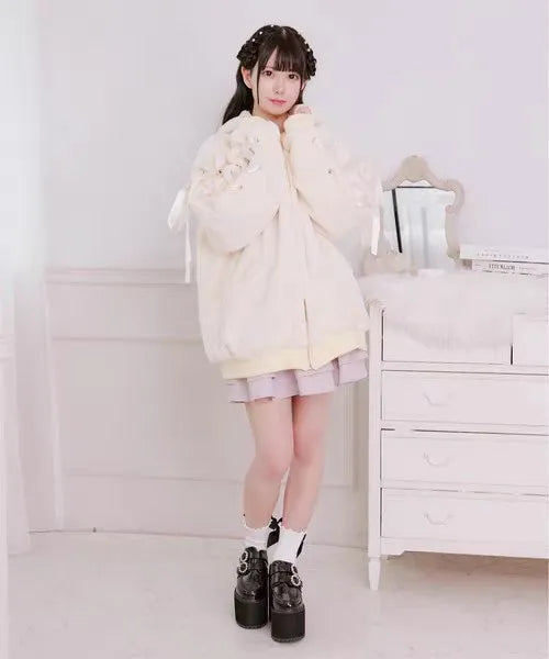 Japanese-Style Soft Girl Cute Bunny Ear Plush Coat Autumn and Winter Thickened Warm College Style Y2K Mass-Produced Lace Dress