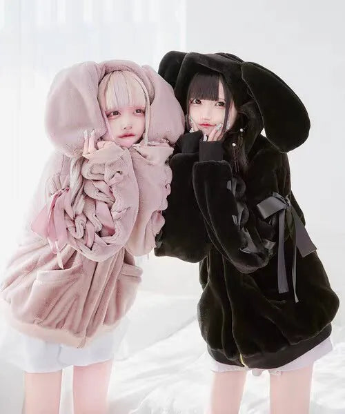 Japanese-Style Soft Girl Cute Bunny Ear Plush Coat Autumn and Winter Thickened Warm College Style Y2K Mass-Produced Lace Dress