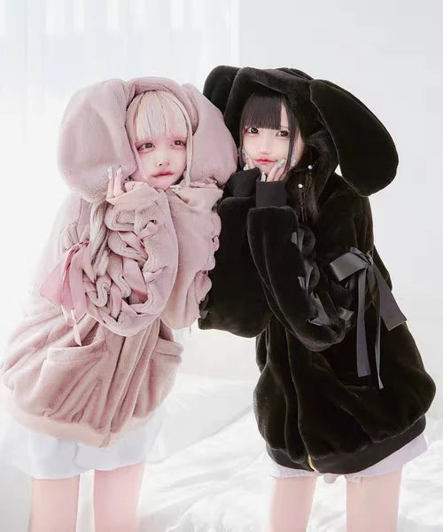 Japanese-Style Soft Girl Cute Bunny Ear Plush Coat Autumn and Winter Thickened Warm College Style Y2K Mass-Produced Lace Dress