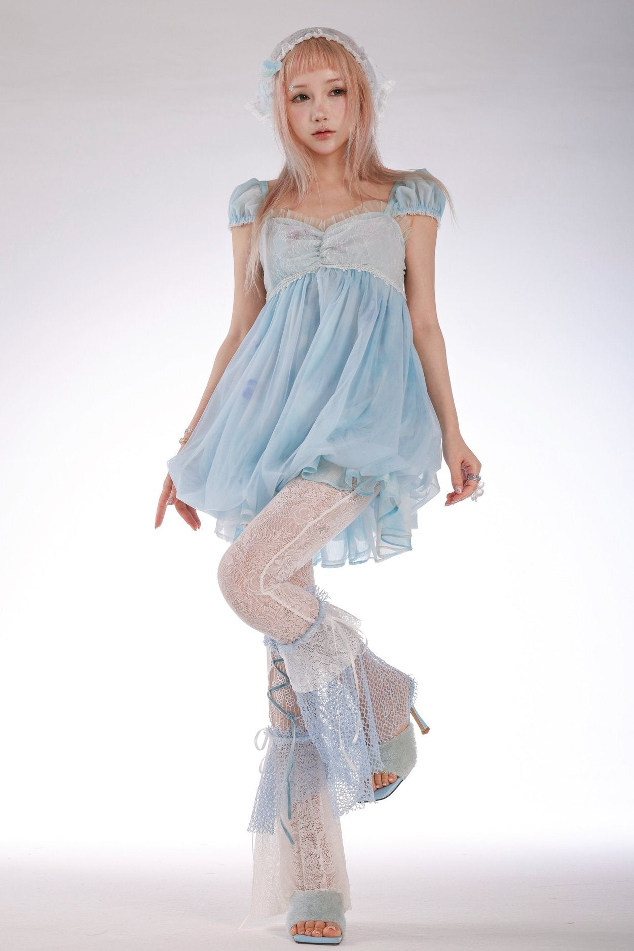 Jellyfish Moon Girl Sky Blue Puff Sleeve Lace Tulle Puff Dress - LolitaEra