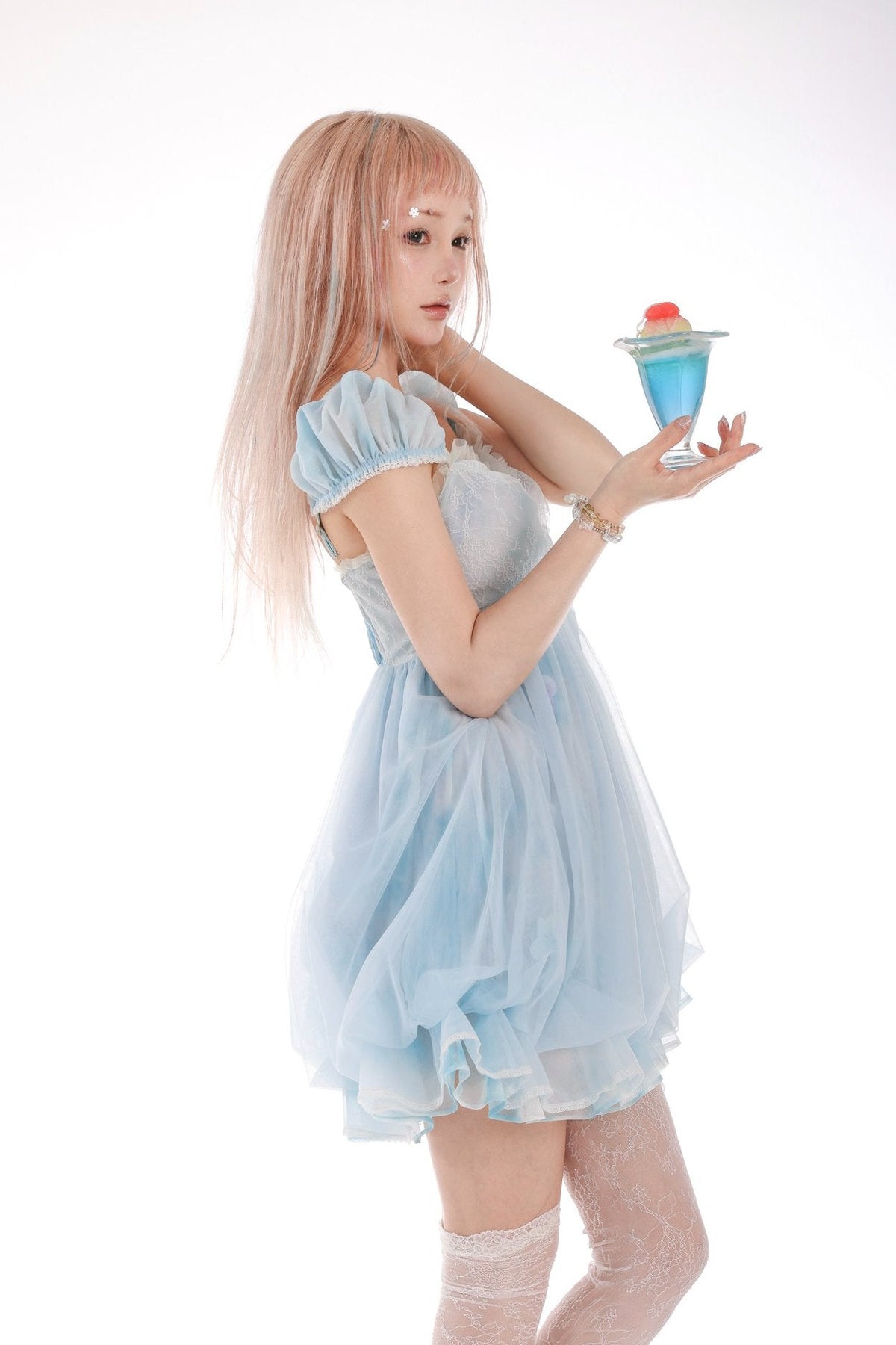 Jellyfish Moon Girl Sky Blue Puff Sleeve Lace Tulle Puff Dress - LolitaEra