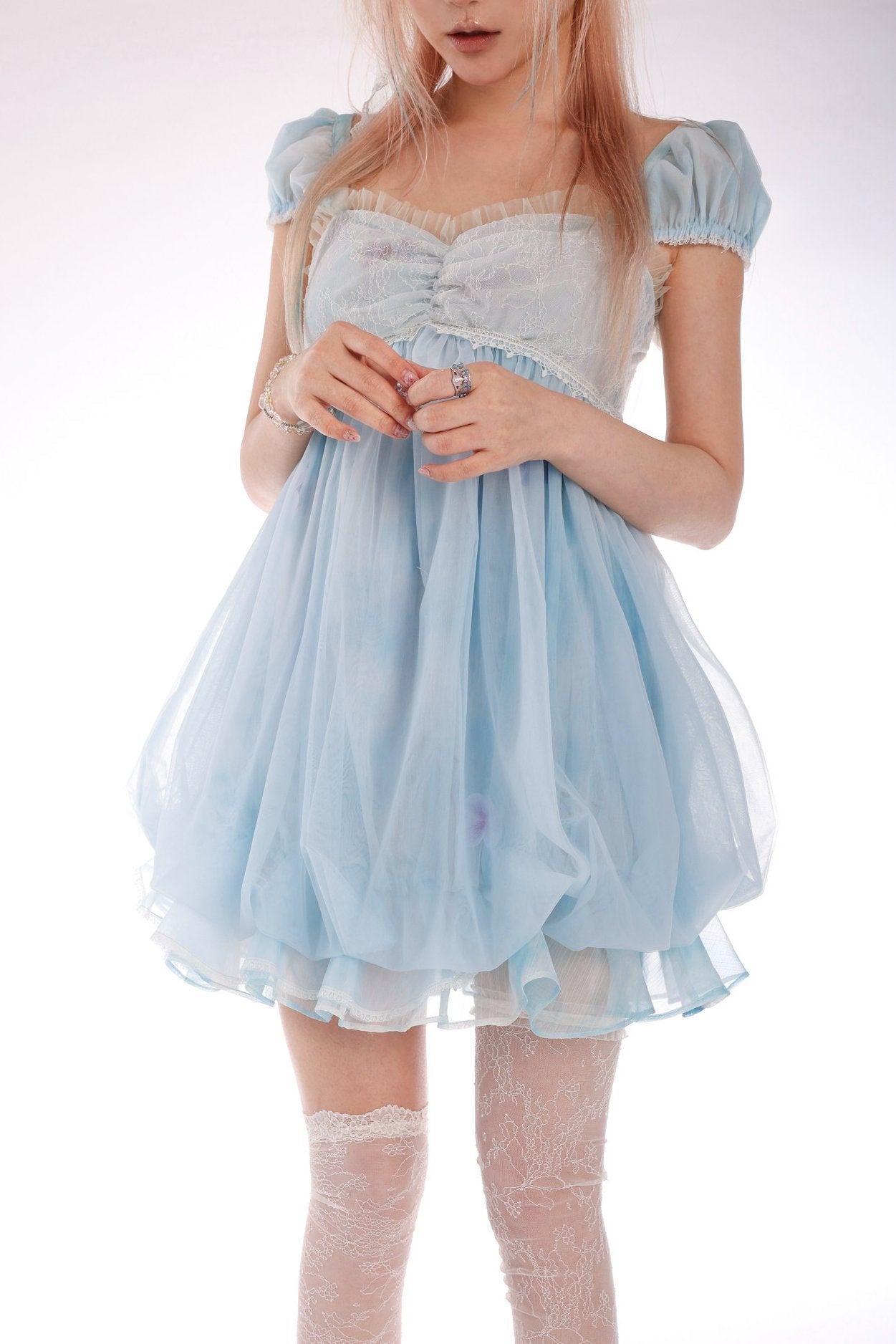 Jellyfish Moon Girl Sky Blue Puff Sleeve Lace Tulle Puff Dress - LolitaEra