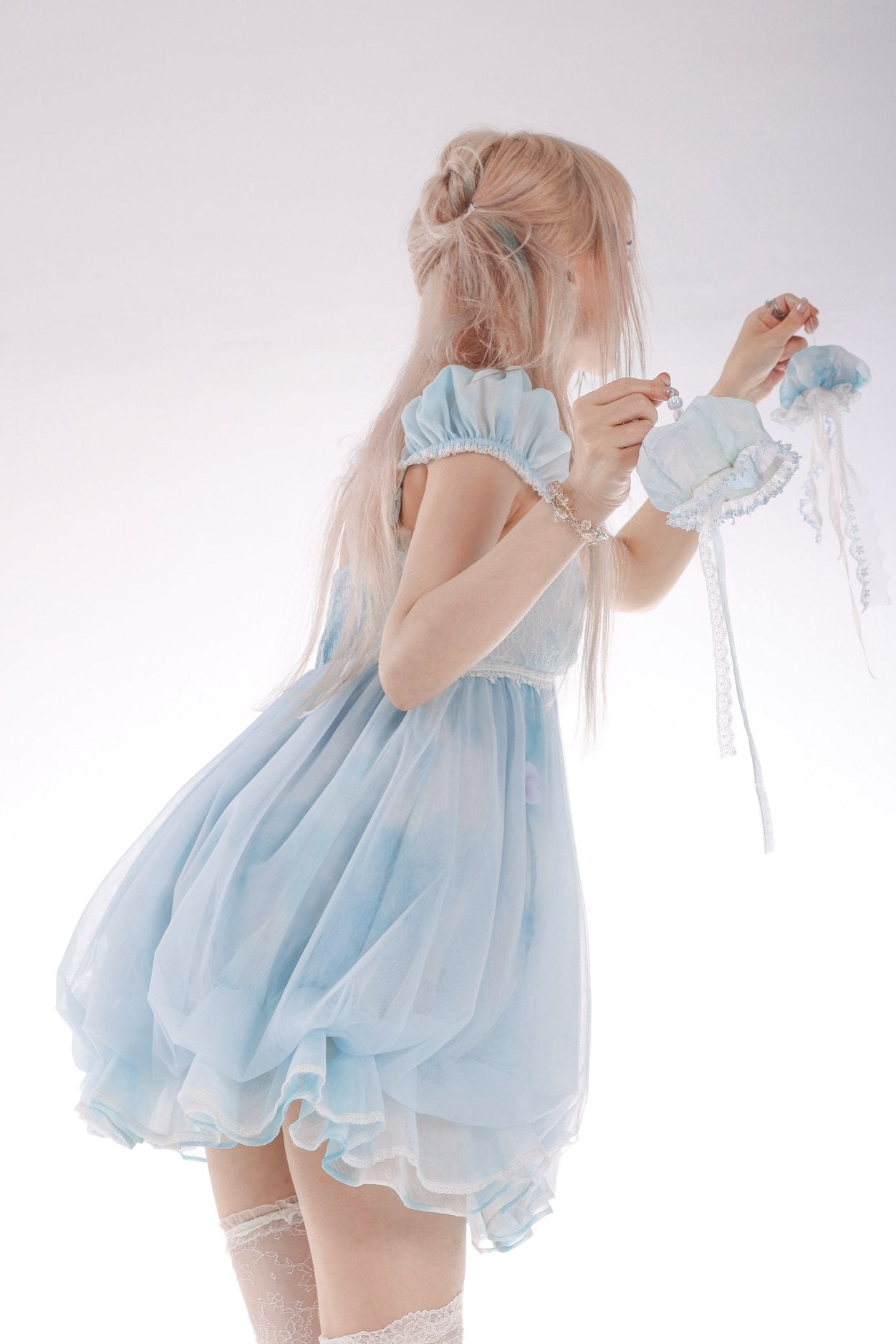 Jellyfish Moon Girl Sky Blue Puff Sleeve Lace Tulle Puff Dress - LolitaEra