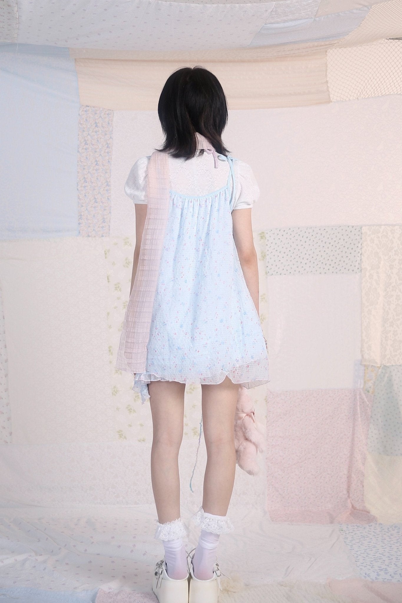 Jellyfish Pink Blue Lace Mesh Flared Pants Slip Dress Fairycore Set - LolitaEra