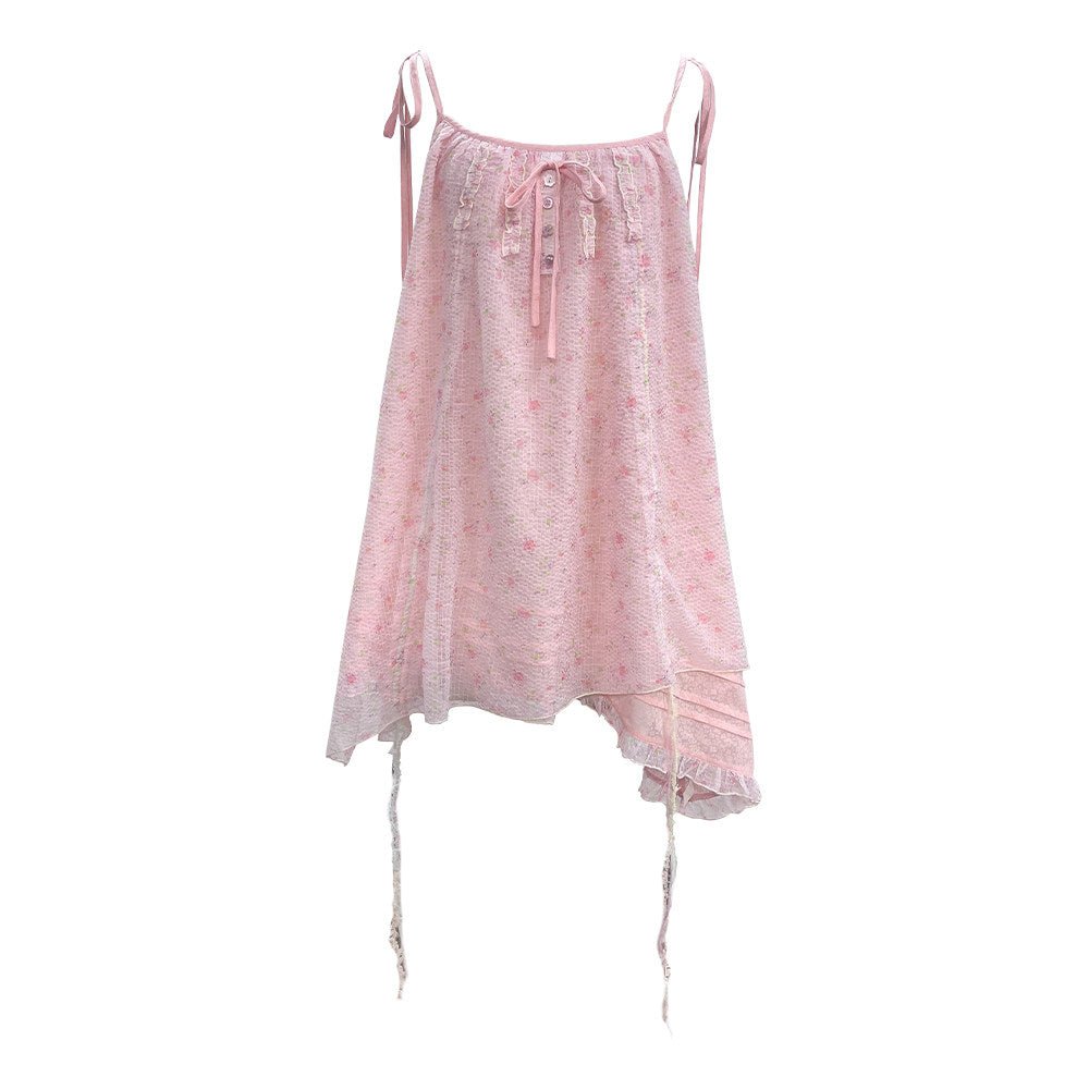 Jellyfish Pink Blue Lace Mesh Flared Pants Slip Dress Fairycore Set - LolitaEra