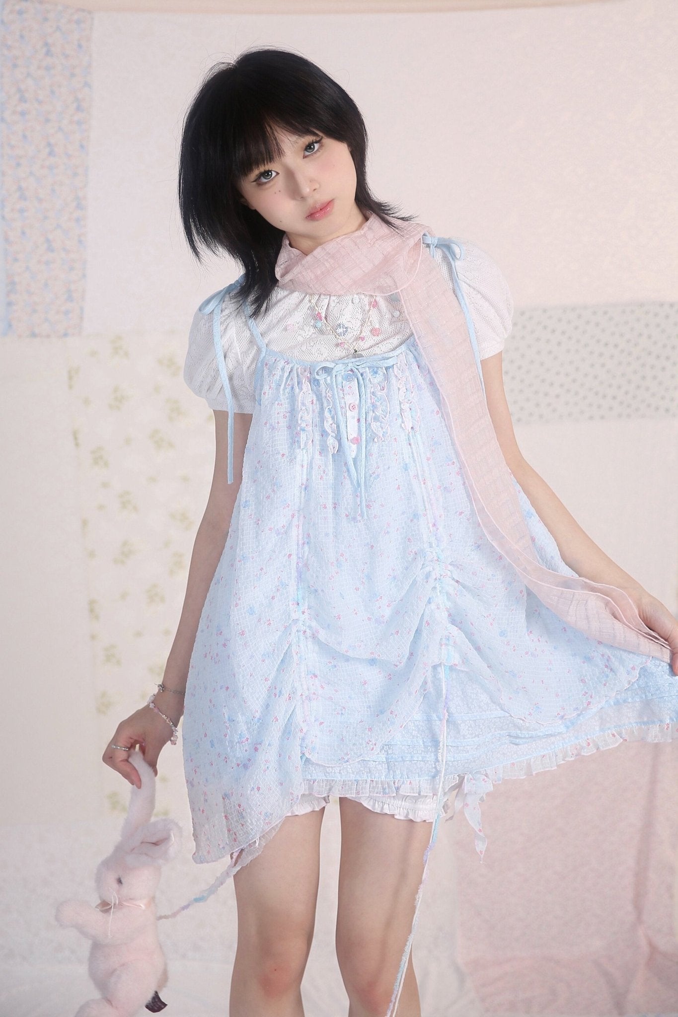 Jellyfish Pink Blue Lace Mesh Flared Pants Slip Dress Fairycore Set - LolitaEra