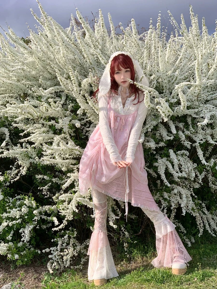 Jellyfish Pink Blue Lace Mesh Flared Pants Slip Dress Fairycore Set - LolitaEra