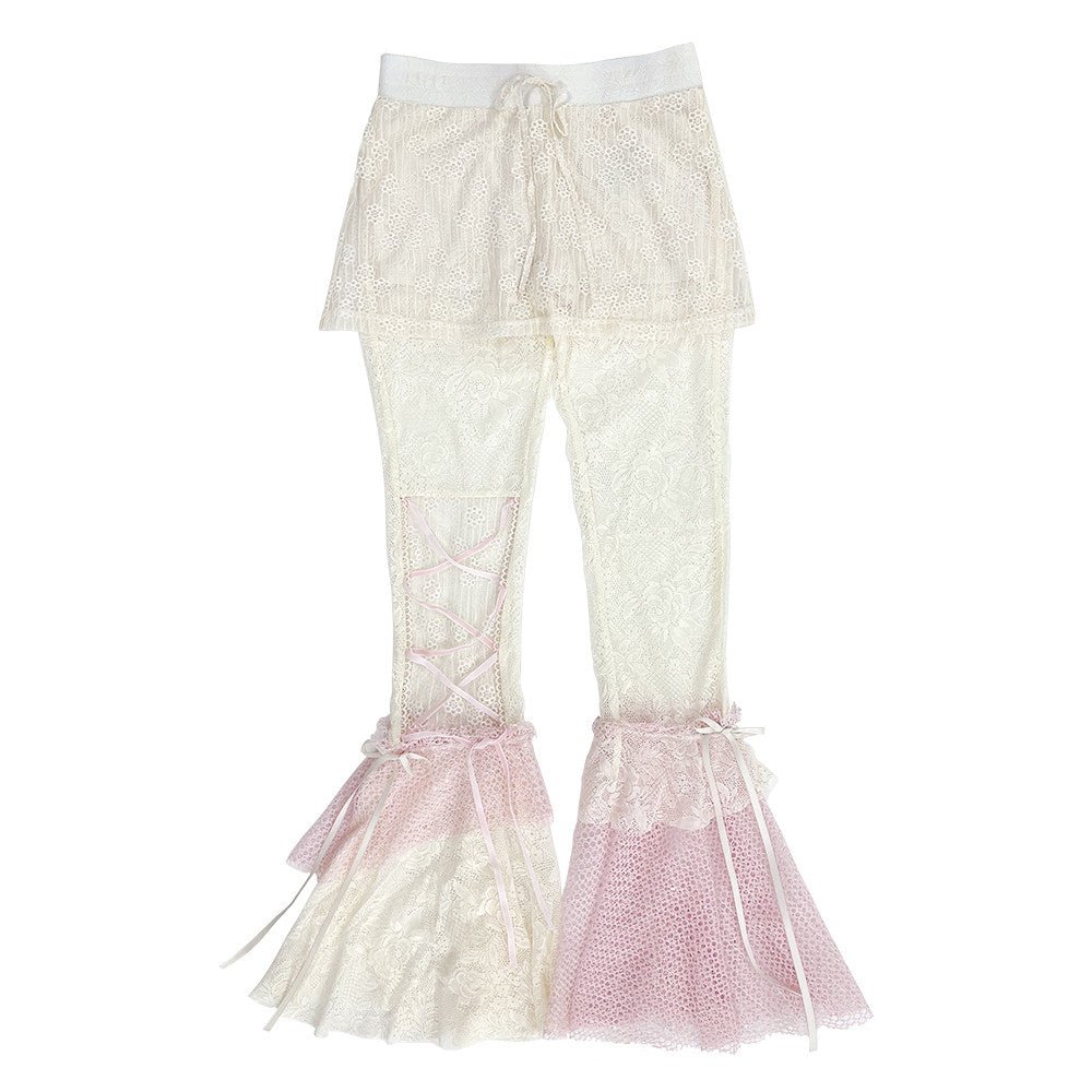Jellyfish Pink Blue Lace Mesh Flared Pants Slip Dress Fairycore Set - LolitaEra