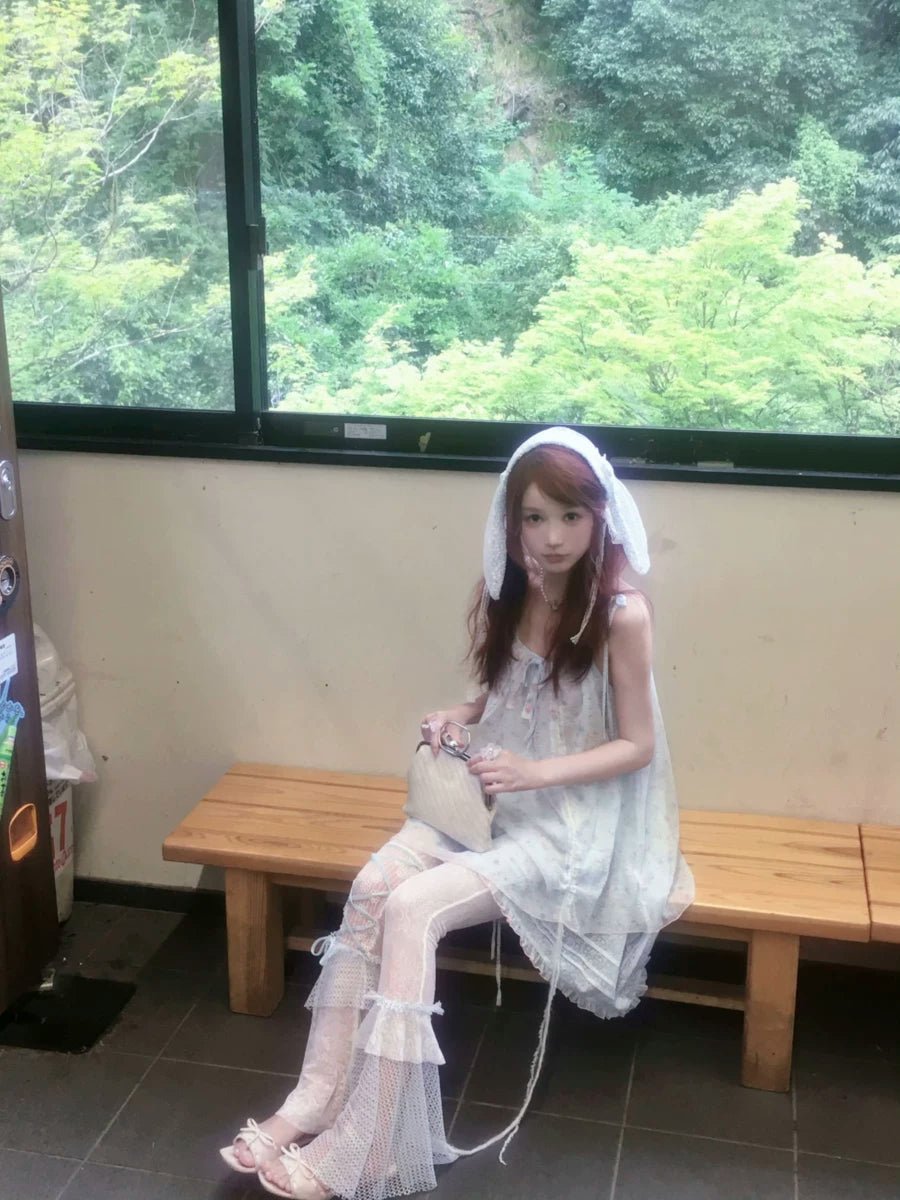 Jellyfish Pink Blue Lace Mesh Flared Pants Slip Dress Fairycore Set - LolitaEra