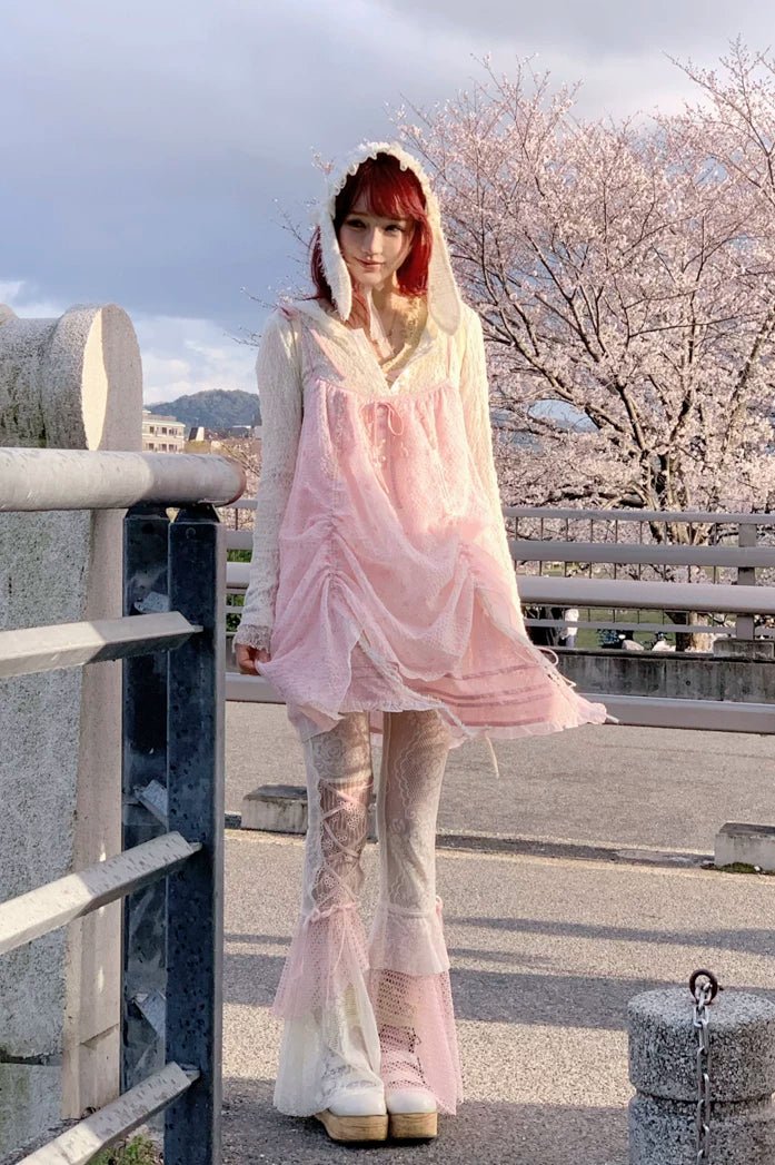 Jellyfish Pink Blue Lace Mesh Flared Pants Slip Dress Fairycore Set - LolitaEra