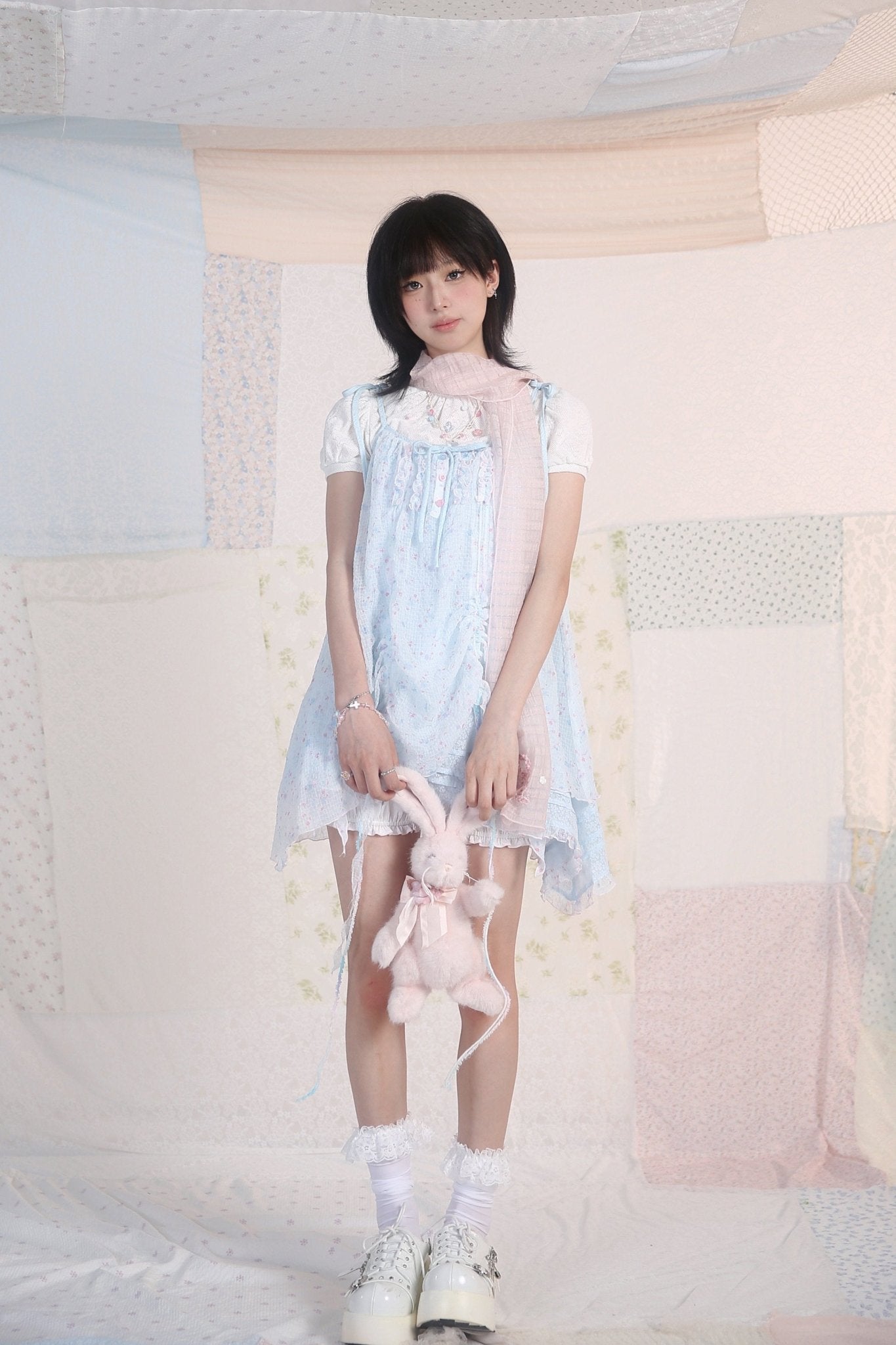 Jellyfish Pink Blue Lace Mesh Flared Pants Slip Dress Fairycore Set - LolitaEra