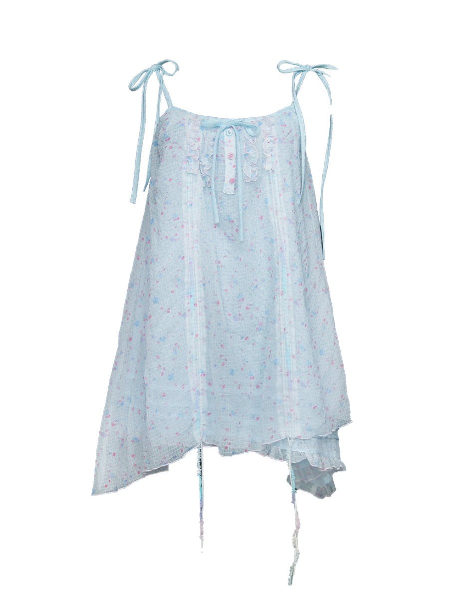 Jellyfish Pink Blue Lace Mesh Flared Pants Slip Dress Fairycore Set - LolitaEra