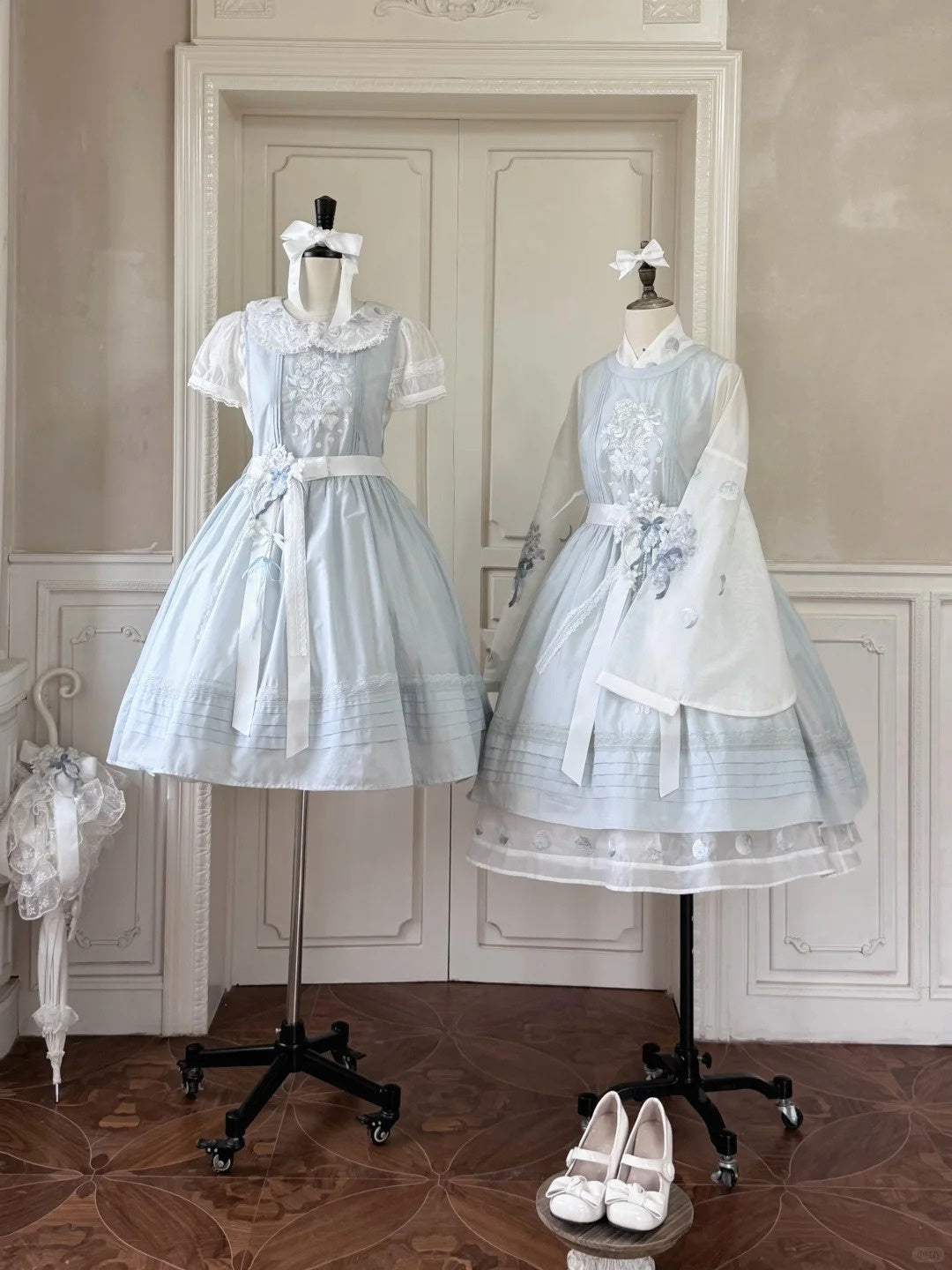 Jiao Jiao Misty Blue Floral Embroidery Wa Lolita High Waist Dress - LolitaEra