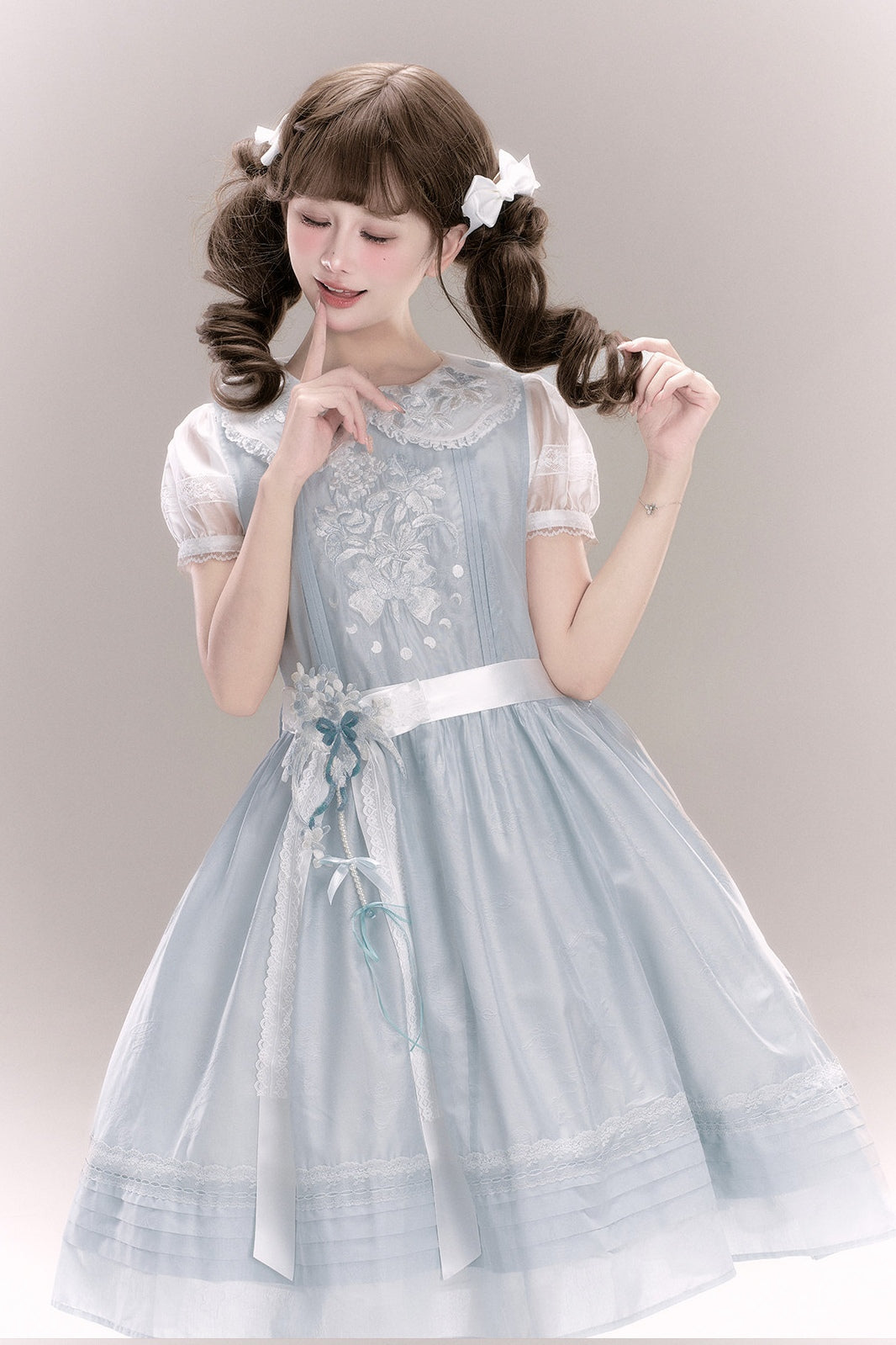 Jiao Jiao Misty Blue Floral Embroidery Wa Lolita High Waist Dress - LolitaEra