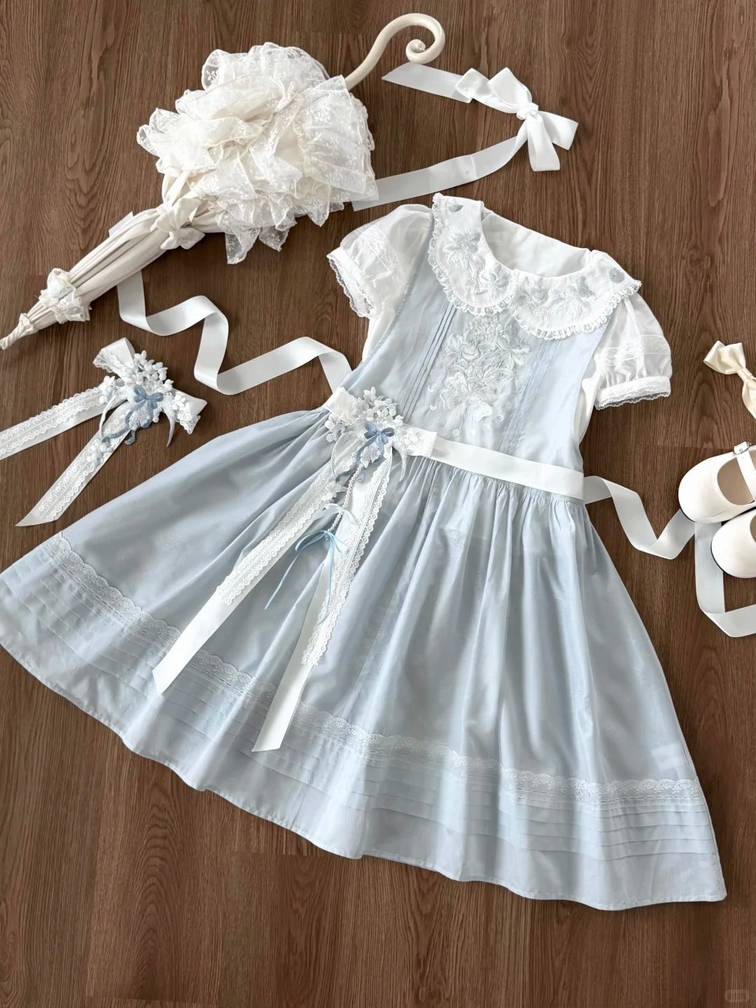 Jiao Jiao Misty Blue Floral Embroidery Wa Lolita High Waist Dress - LolitaEra