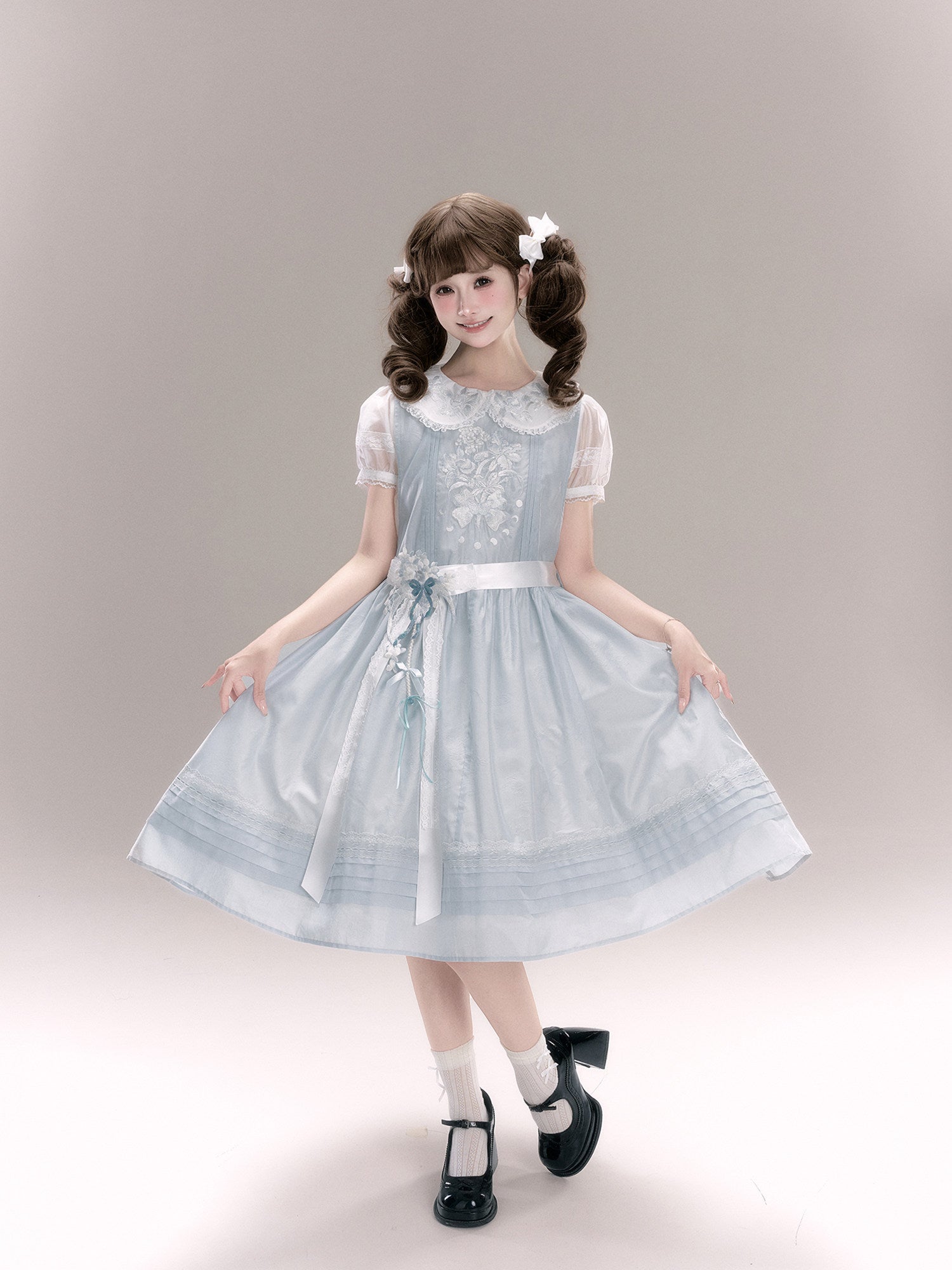 Jiao Jiao Misty Blue Floral Embroidery Wa Lolita High Waist Dress - LolitaEra
