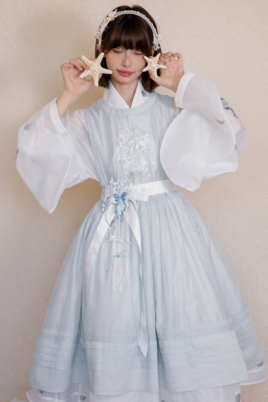 Jiao Jiao Misty Blue Floral Embroidery Wa Lolita High Waist Dress - LolitaEra