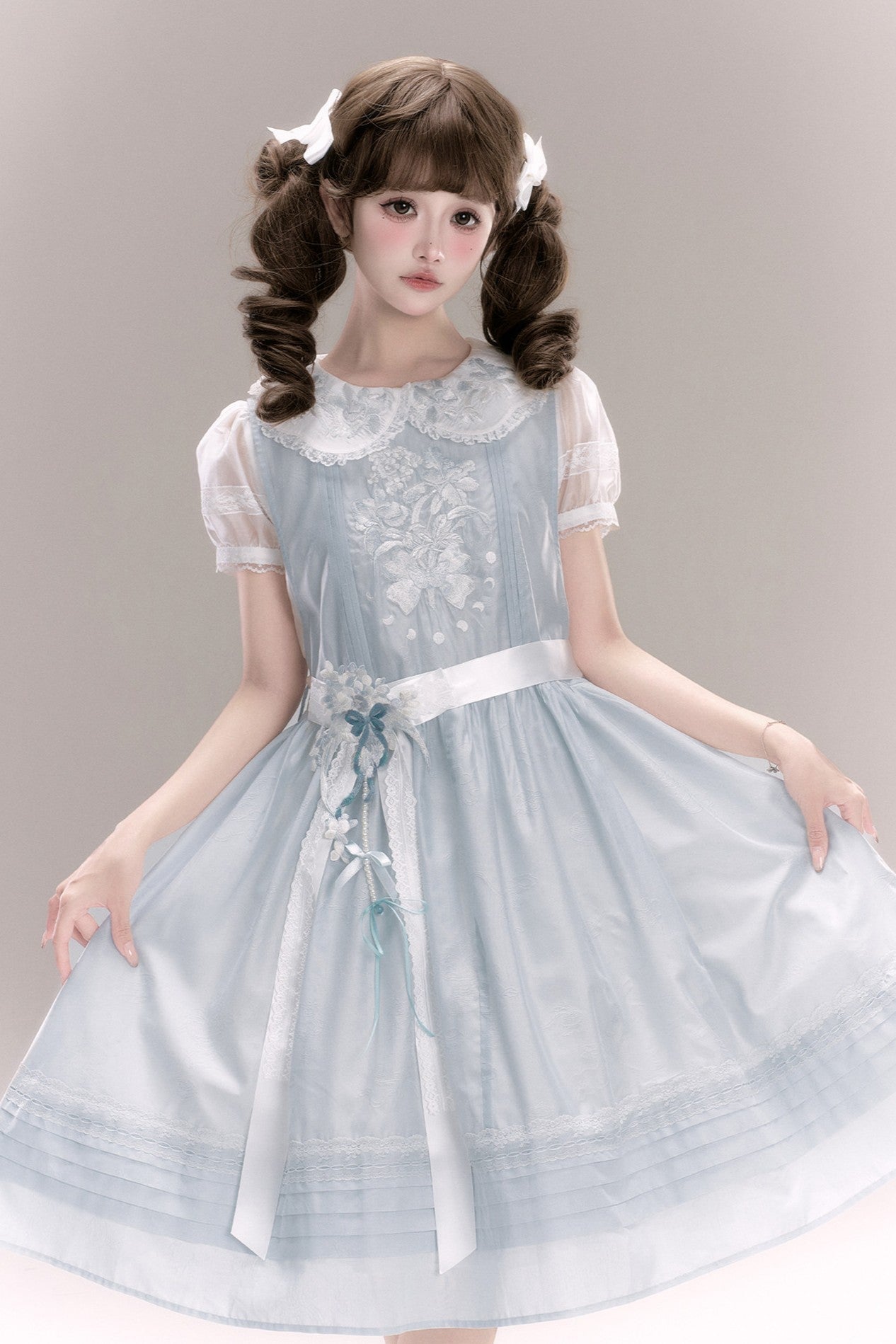 Jiao Jiao Misty Blue Floral Embroidery Wa Lolita High Waist Dress - LolitaEra