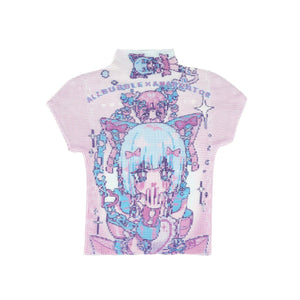Kawaii Cartoon Japanese Full - print Ruffled T-shirt - LolitaEraPinkKawaii Cartoon Japanese Full - print Ruffled T-shirt