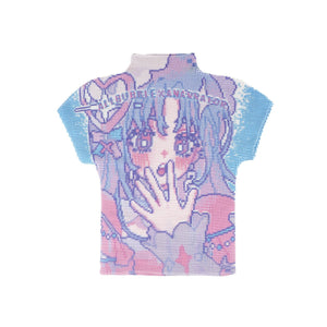Kawaii Cartoon Japanese Full - print Ruffled T-shirt - LolitaEraBlueKawaii Cartoon Japanese Full - print Ruffled T-shirt