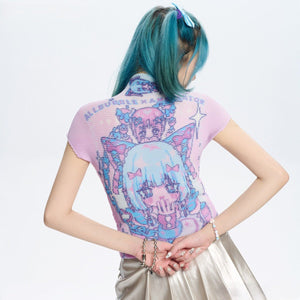 Kawaii Cartoon Japanese Full - print Ruffled T-shirt - LolitaEraPinkKawaii Cartoon Japanese Full - print Ruffled T-shirt