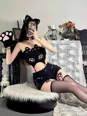 Kawaii Cat Ear Plush Fitted Mini Skirt - LolitaEraBlackOne sizeKawaii Cat Ear Plush Fitted Mini Skirt