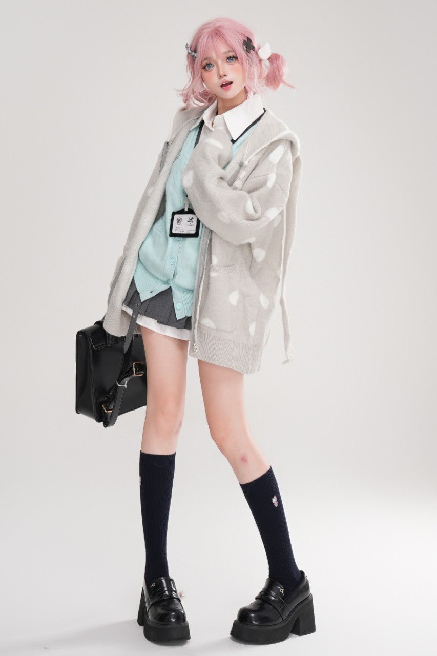 Kawaii Polka Dot Bunny Ear Hooded Sweater - LolitaEraLight GraySKawaii Polka Dot Bunny Ear Hooded Sweater
