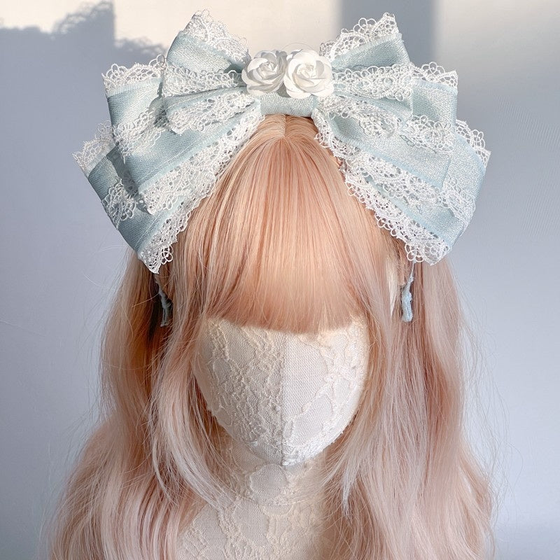 Lolita Sweet Ice Blue Lace Bow Bonnet/KC/Sleeves LE6001