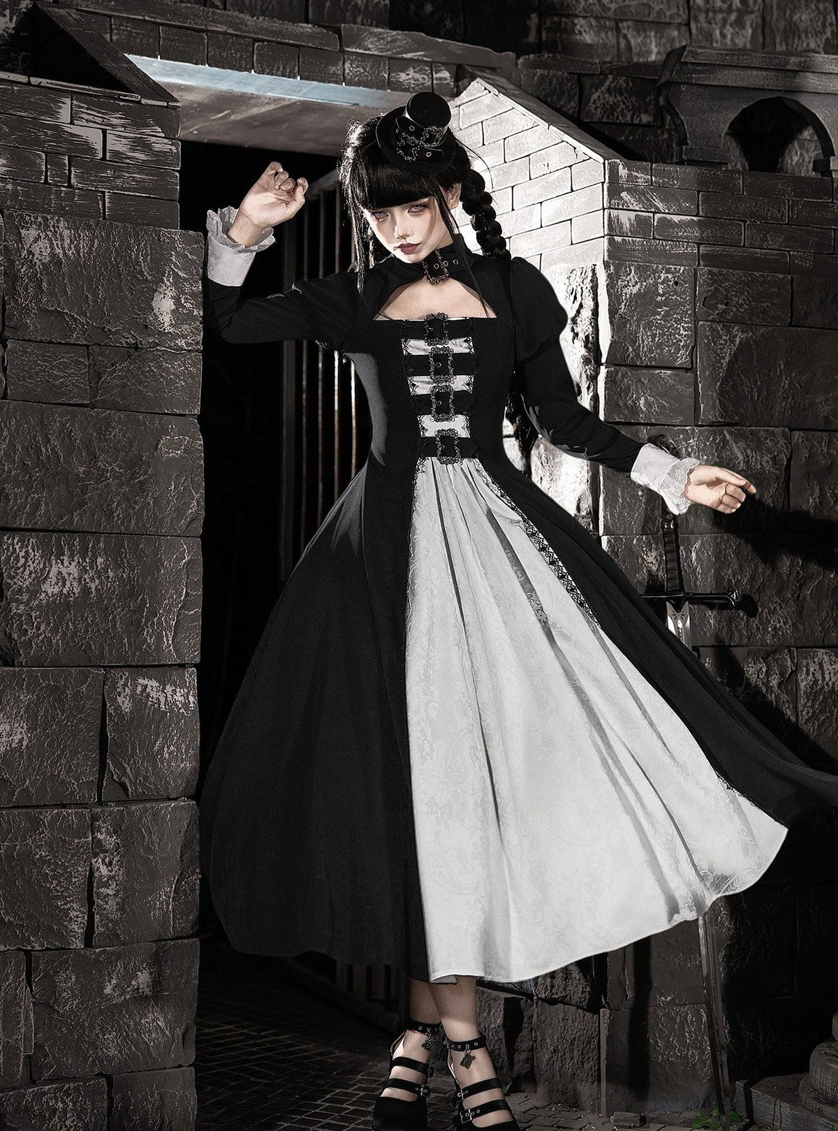 Kelin Lolita Gothic Color Block Front Panel Twin Long & Short OP Dress - LolitaEra