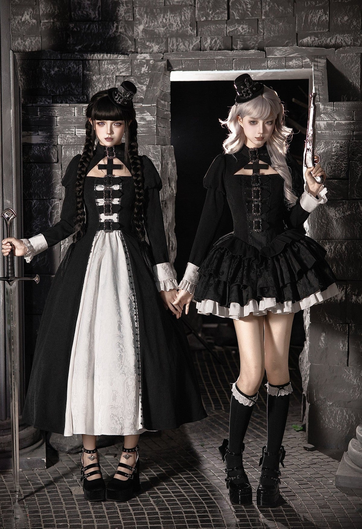 Kelin Lolita Gothic Color Block Front Panel Twin Long & Short OP Dress - LolitaEra