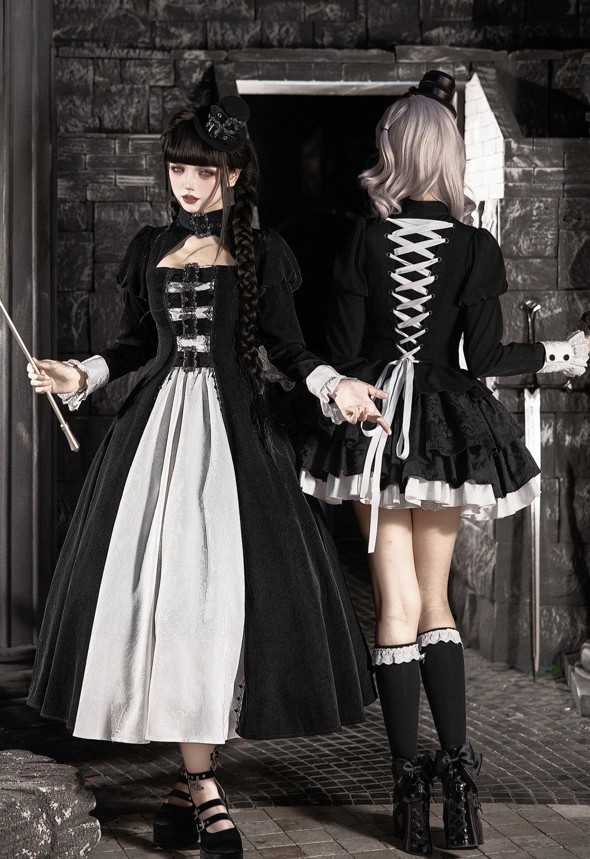 Kelin Lolita Gothic Color Block Front Panel Twin Long & Short OP Dress - LolitaEra