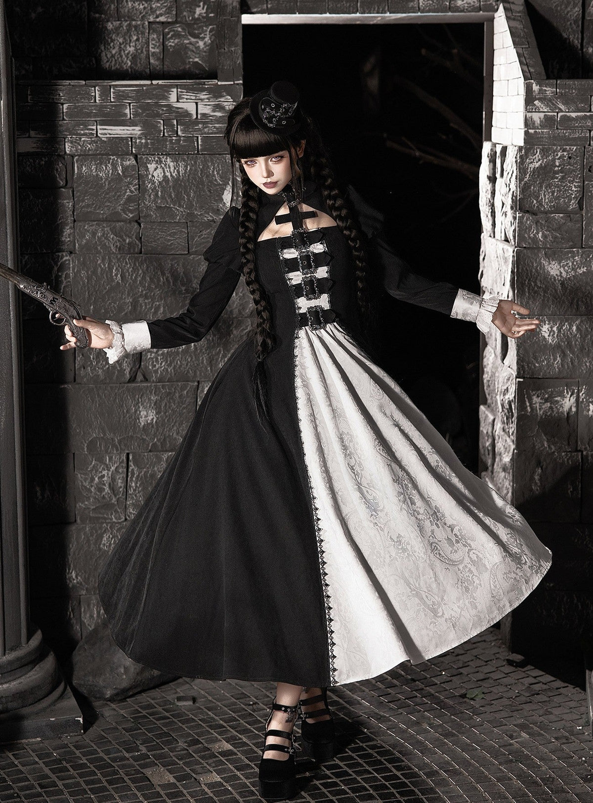 Kelin Lolita Gothic Color Block Front Panel Twin Long & Short OP Dress - LolitaEra