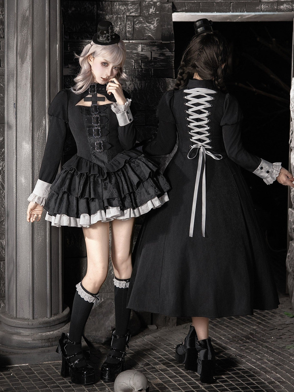 Kelin Lolita Gothic Color Block Front Panel Twin Long & Short OP Dress - LolitaEra