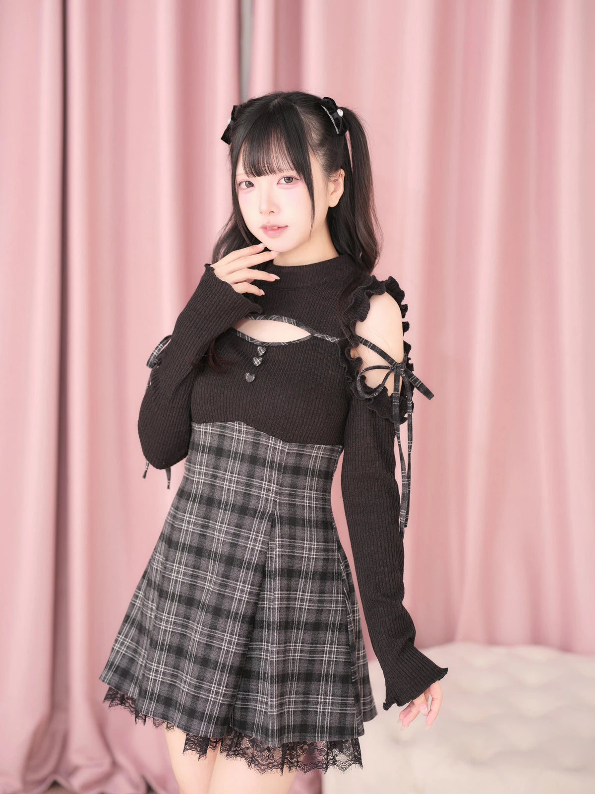 Knitted Plaid Japanese Mass Produced Faux Two Piece Dress - LolitaEra