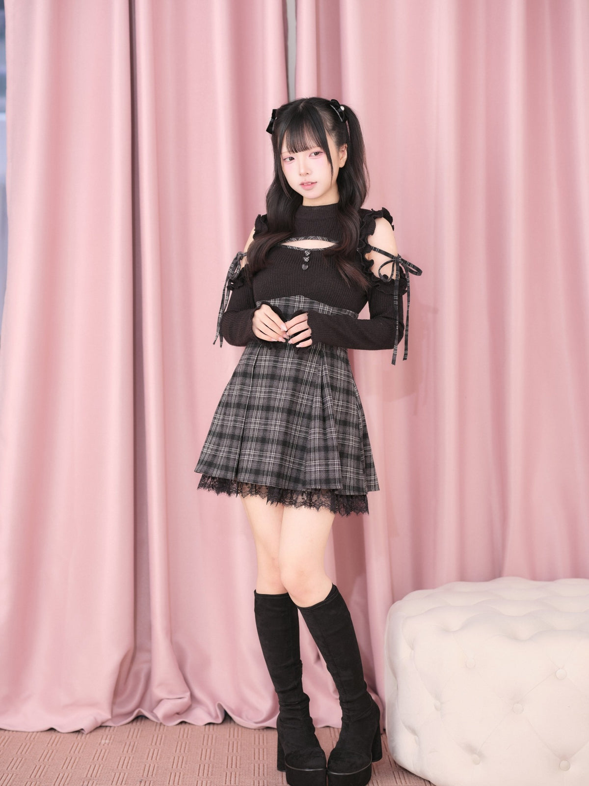 Knitted Plaid Japanese Mass Produced Faux Two Piece Dress - LolitaEra