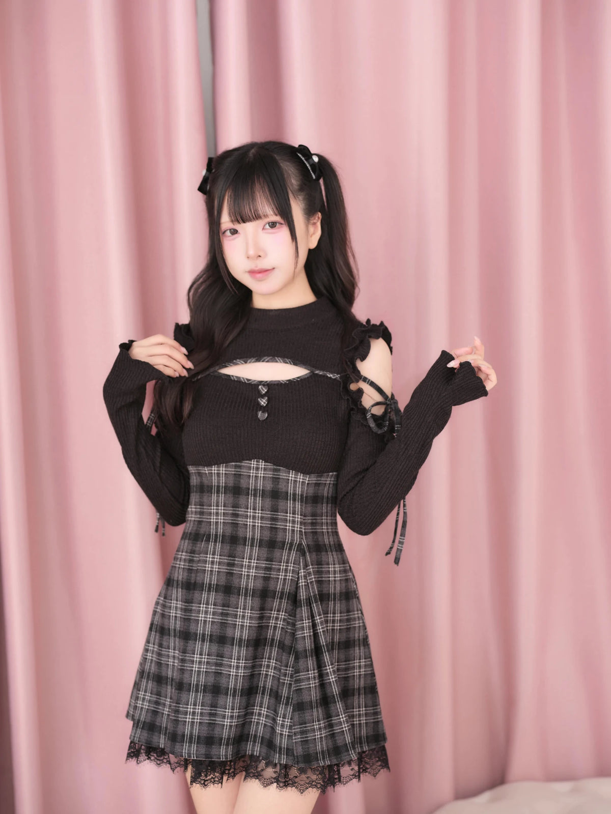 Knitted Plaid Japanese Mass Produced Faux Two Piece Dress - LolitaEra