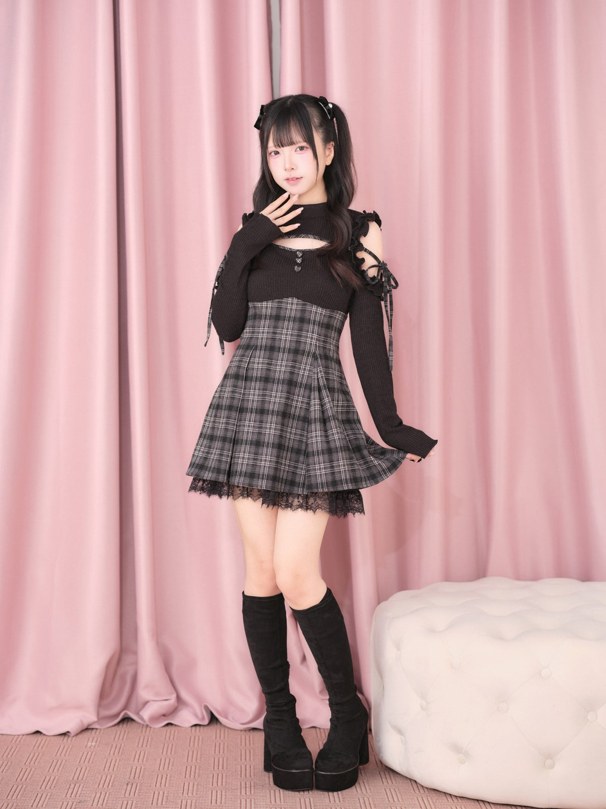 Knitted Plaid Japanese Mass Produced Faux Two Piece Dress - LolitaEra