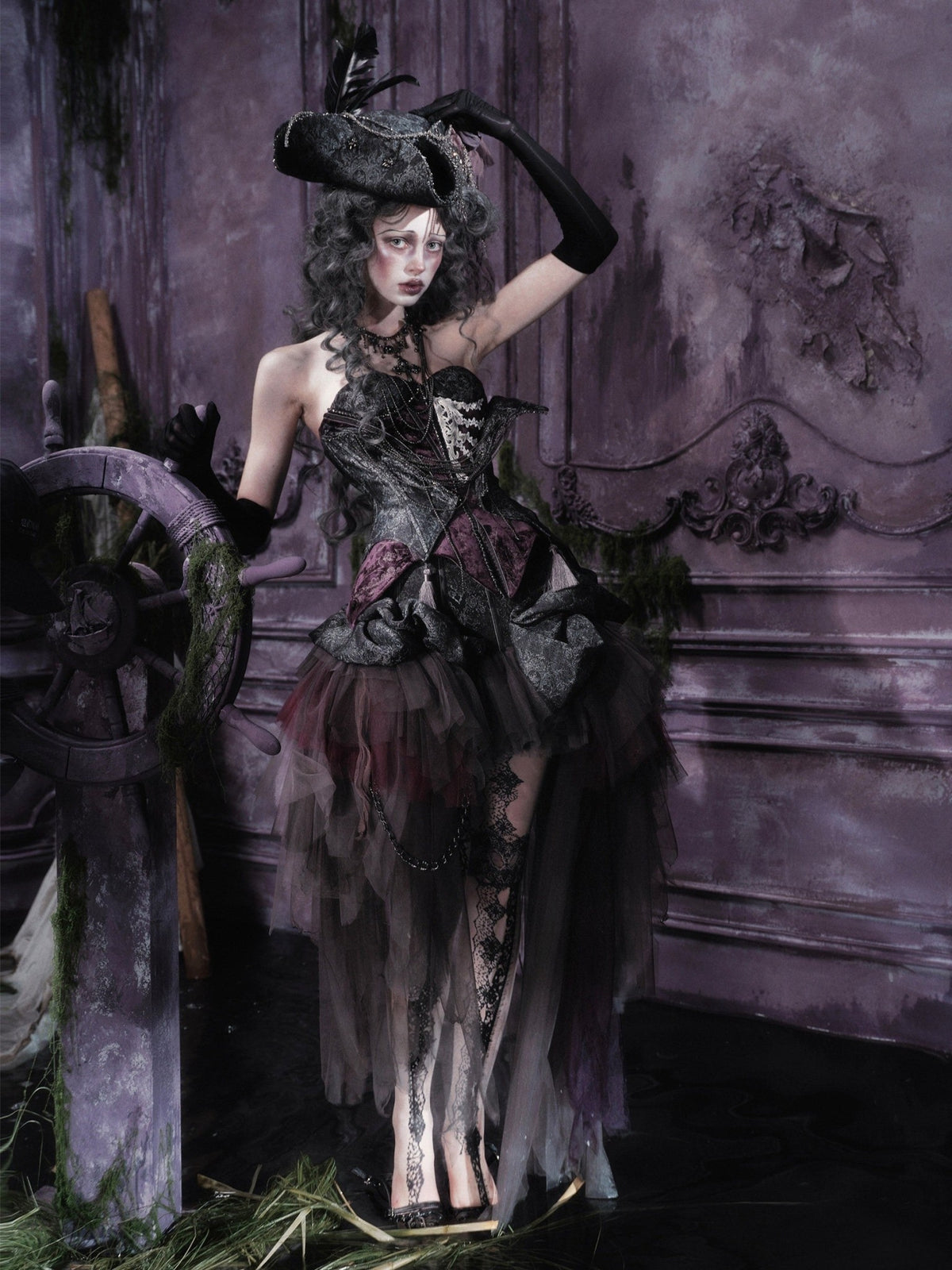 Legacy of the Departed Gothic Dark Rib Specter Purple Boned Corset - LolitaEra