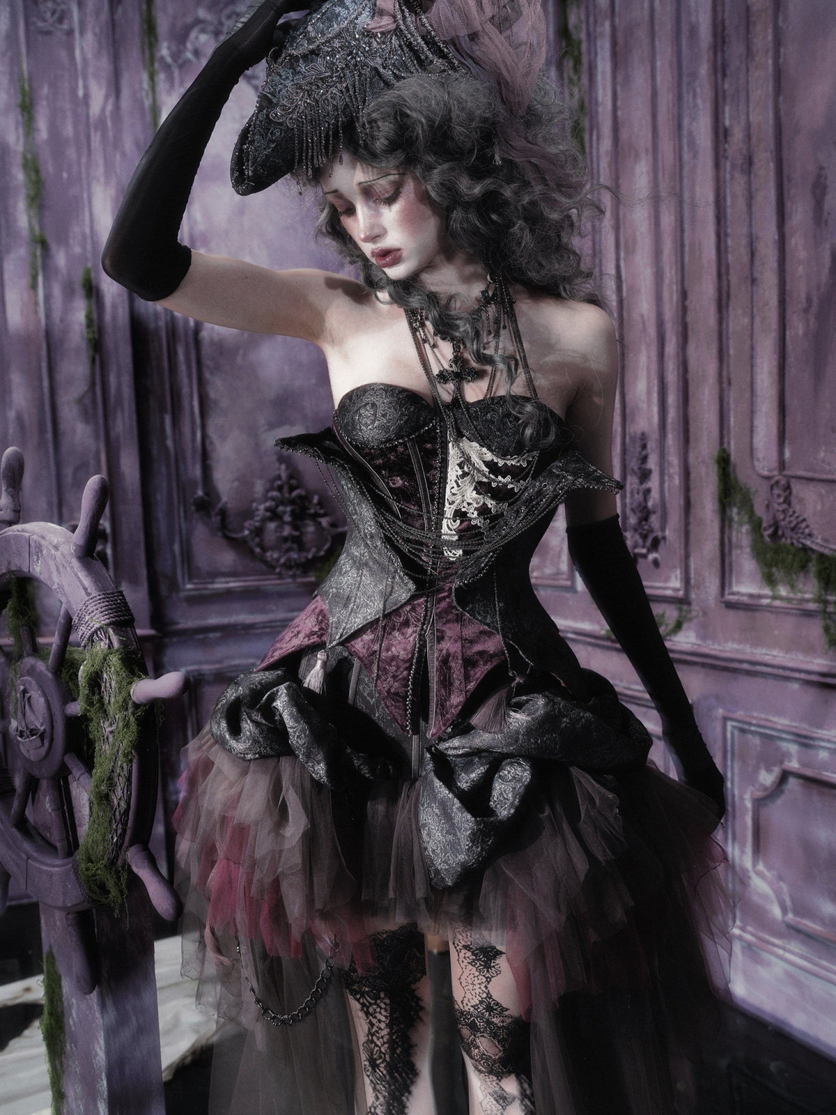 Legacy of the Departed Gothic Dark Rib Specter Purple Boned Corset - LolitaEra